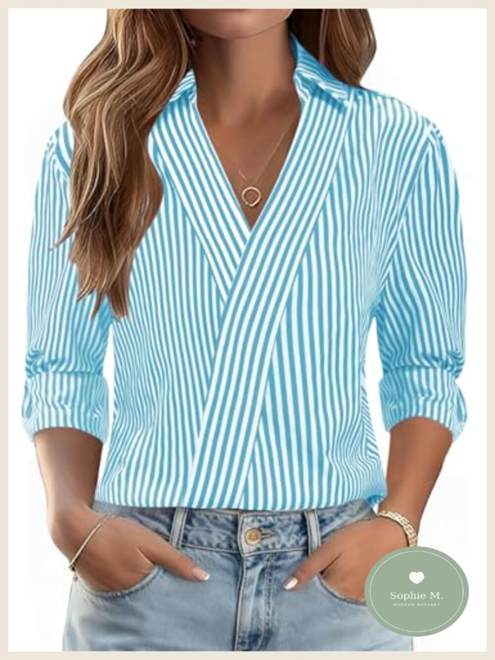 3/4 Sleeve V Neck Collared Blouse Dressy Cotton Blend Women's Top